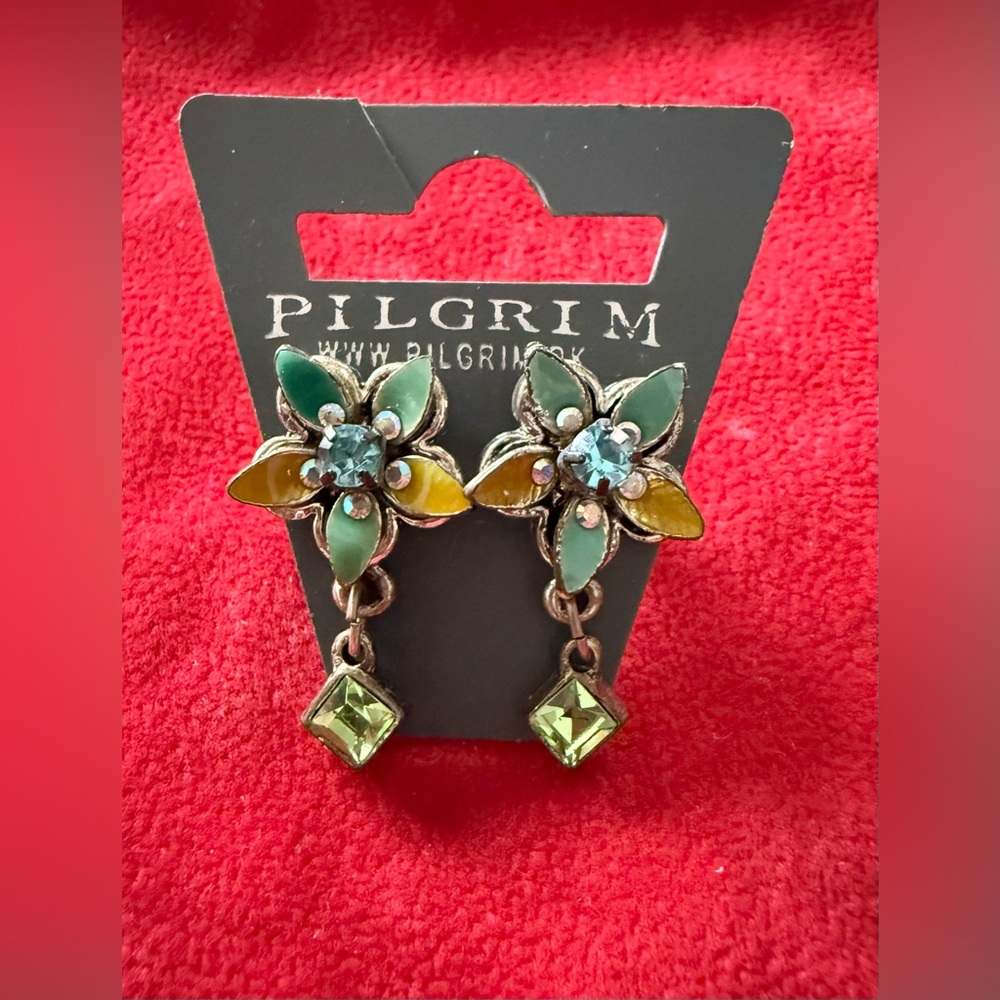 New Pilgrim Green & Blue Floral Crystal Earrings